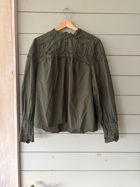 GAP Olive Eyelet Embroidered Blouse | Size XL | Boho Cottagecore Top